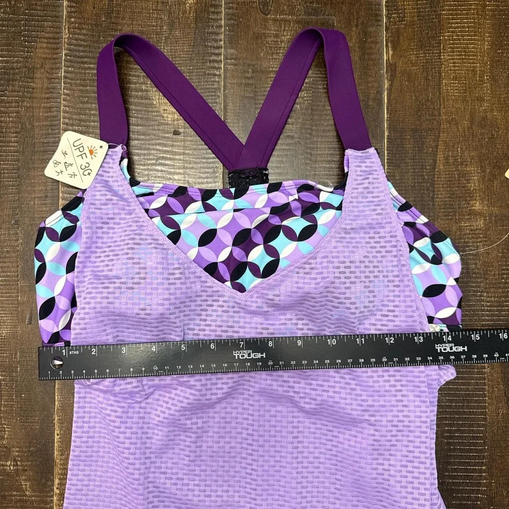 ZEROXPOSURE Purple Striped 2 in 1 Mesh Tankini Top Wide Strap UPF 30+
